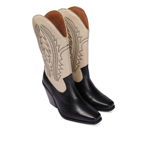 Stivali tipo cowboy in pelle nera e off-white con dettaglio ricamato da donna herlev
