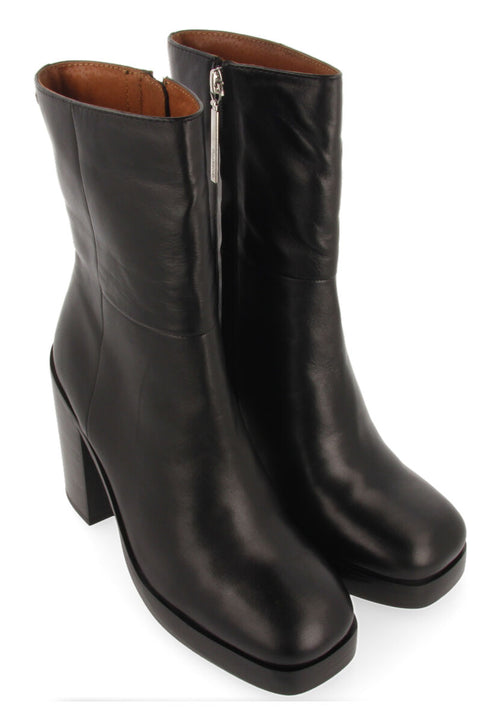 Bota media en piel color negro con tacón ancho y plataforma para mujer andoya