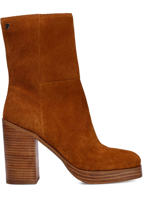 Bota media en piel de color cuero con tacón ancho y plataforma para mujer stranda