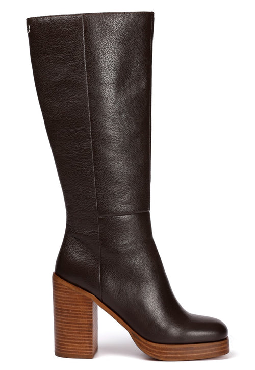 Bota de piel en color moka con plataforma y tacón ancho para mujer unstad