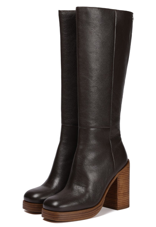 Bota de piel en color moka con plataforma y tacón ancho para mujer unstad
