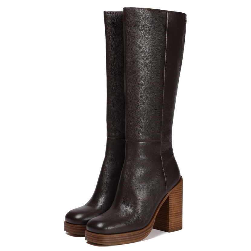 Bota de piel en color moka con plataforma y tacón ancho para mujer unstad