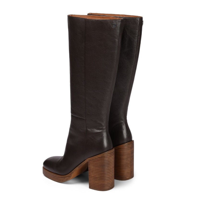 Bota de piel en color moka con plataforma y tacón ancho para mujer unstad