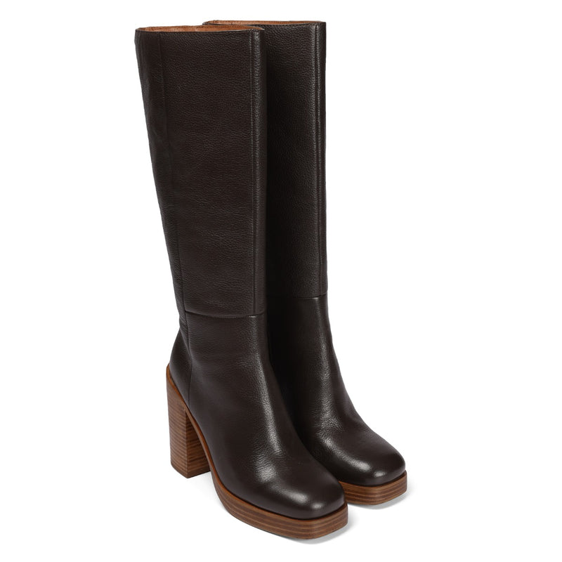 Bota de piel en color moka con plataforma y tacón ancho para mujer unstad