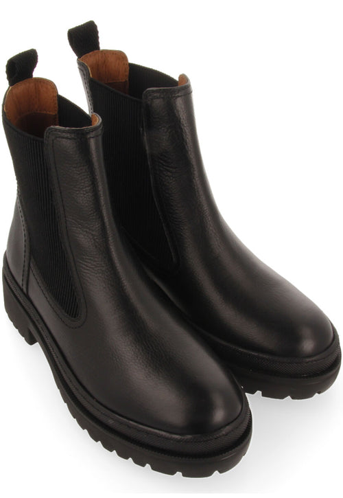 Botín negro tipo chelsea con elásticos laterales y piso track en piel para mujer langen