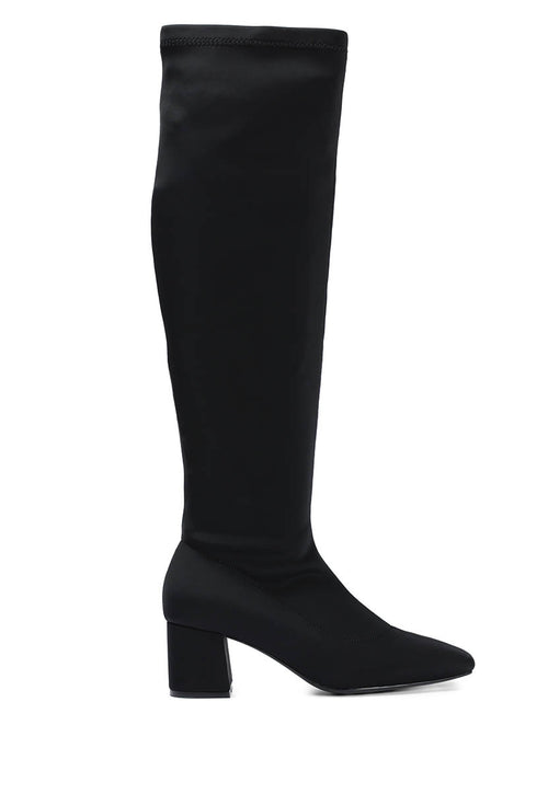 Bota alta elástica negra con tacón medio y punta semi cuadrada para mujer kiberg