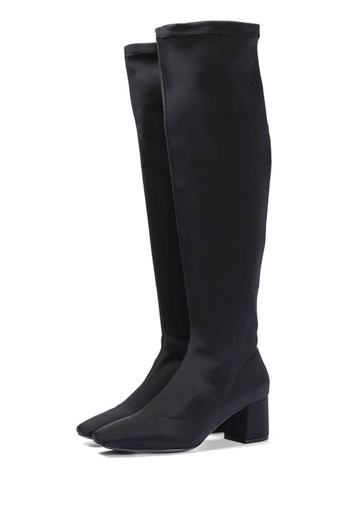 Bota alta elástica negra con tacón medio y punta semi cuadrada para mujer kiberg