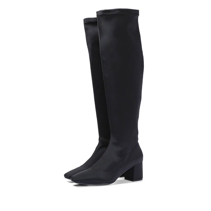 Bota alta elástica negra con tacón medio y punta semi cuadrada para mujer kiberg