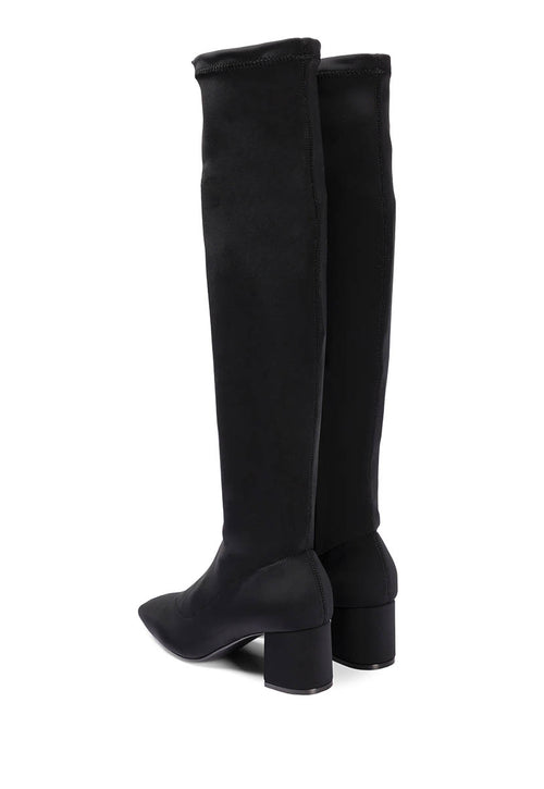 Bota alta elástica negra con tacón medio y punta semi cuadrada para mujer kiberg