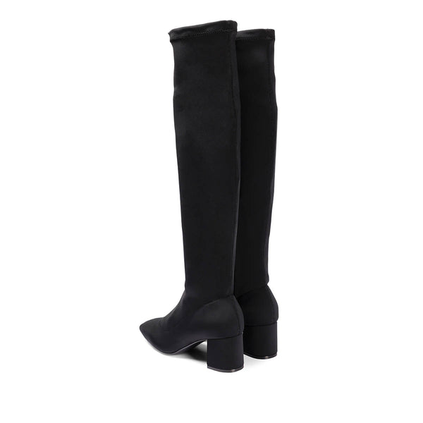 Kiberg women's stretchy black thigh-high boots with mid heels and semi-square toes