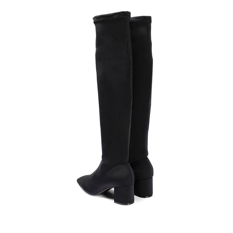 Kiberg women's stretchy black thigh-high boots with mid heels and semi-square toes
