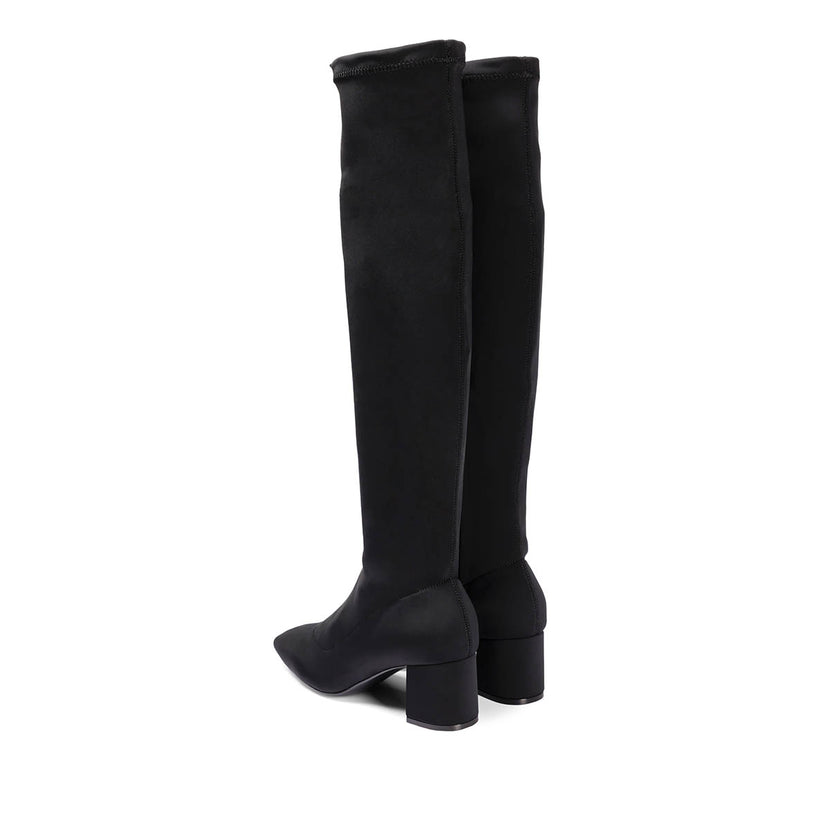 Bota alta elástica negra con tacón medio y punta semi cuadrada para mujer kiberg