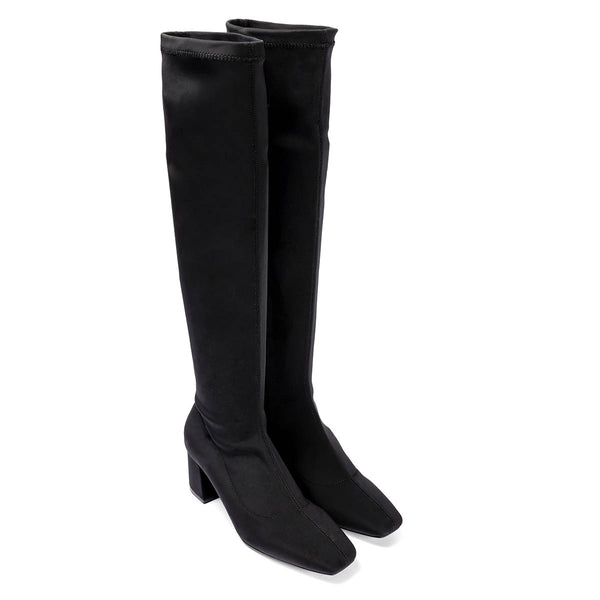 Kiberg women's stretchy black thigh-high boots with mid heels and semi-square toes