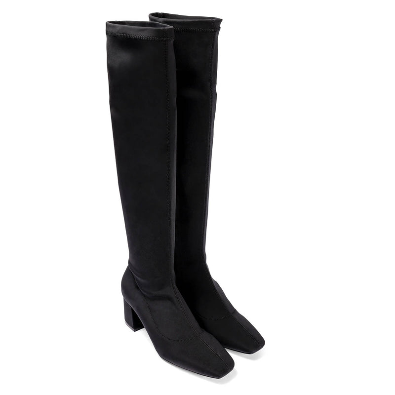Kiberg women's stretchy black thigh-high boots with mid heels and semi-square toes
