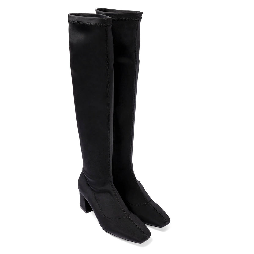Bota alta elástica negra con tacón medio y punta semi cuadrada para mujer kiberg