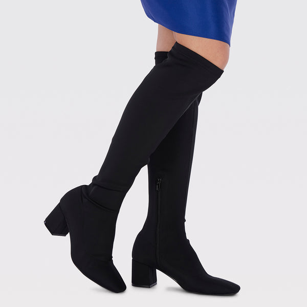 Kiberg women's stretchy black thigh-high boots with mid heels and semi-square toes