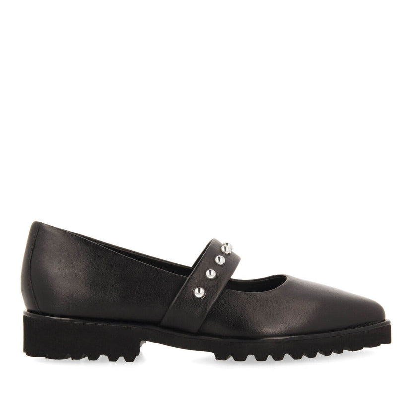 Waldegg women's black leather ballet flats with a studded strap