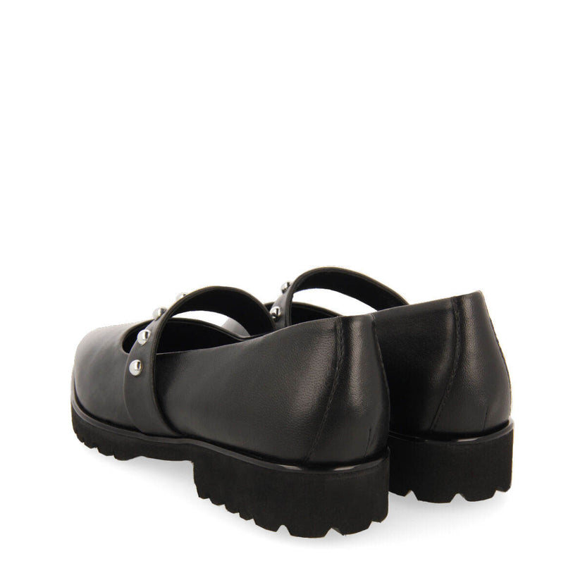 Waldegg women's black leather ballet flats with a studded strap