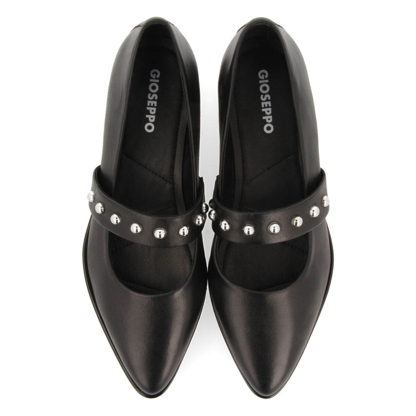 Waldegg women's black leather ballet flats with a studded strap