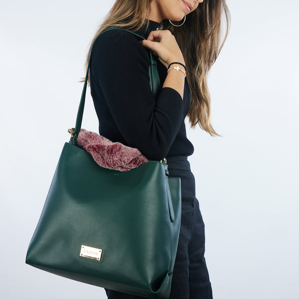 Hecla green shopper bag with a furry handle