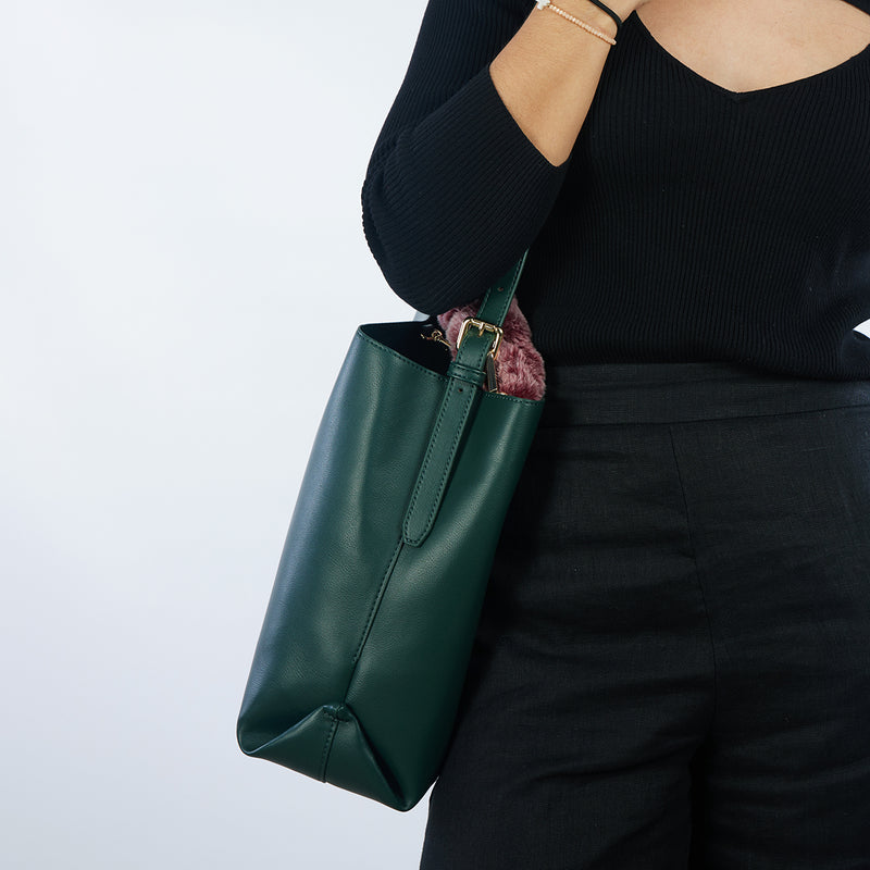Hecla green shopper bag with a furry handle