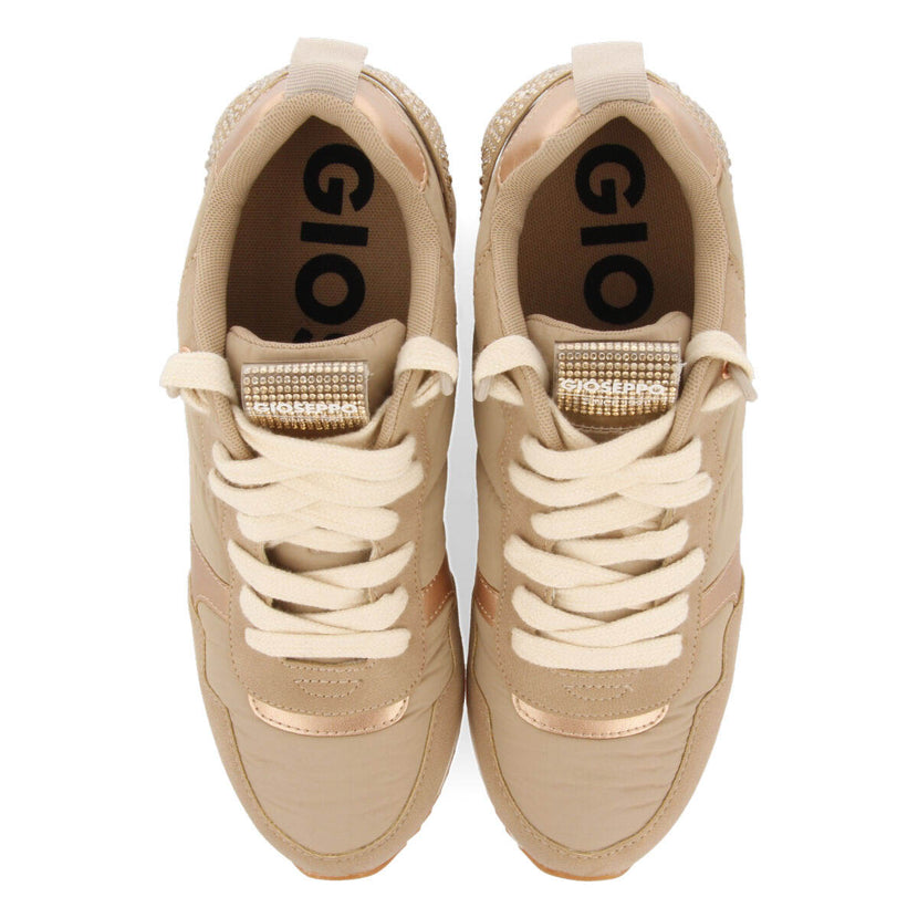 Sneakers beige monocolore con zeppa interna e dettagli di cristalli da donna allanton 