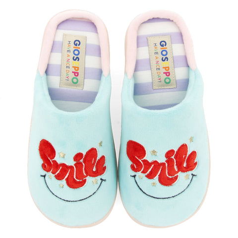 TURRIFF CHILDREN'S MINT GREEN BACKLESS SLIPPERS WITH SMILE TEXT