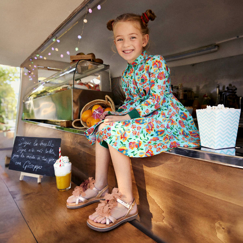 GOLDEN PINK LEATHER SANDALS WITH PINK POMPOMS FOR GIRL AND BOY TECATE