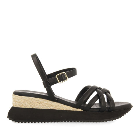 SANDALIAS NEGRAS CON CUÑA Y TIRAS TUBULARES PARA MUJER PERMET