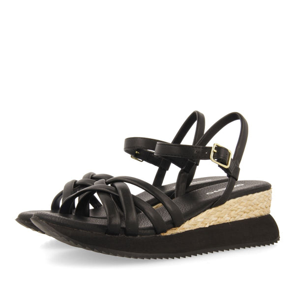 SANDALIAS NEGRAS CON CUÑA Y TIRAS TUBULARES PARA MUJER PERMET