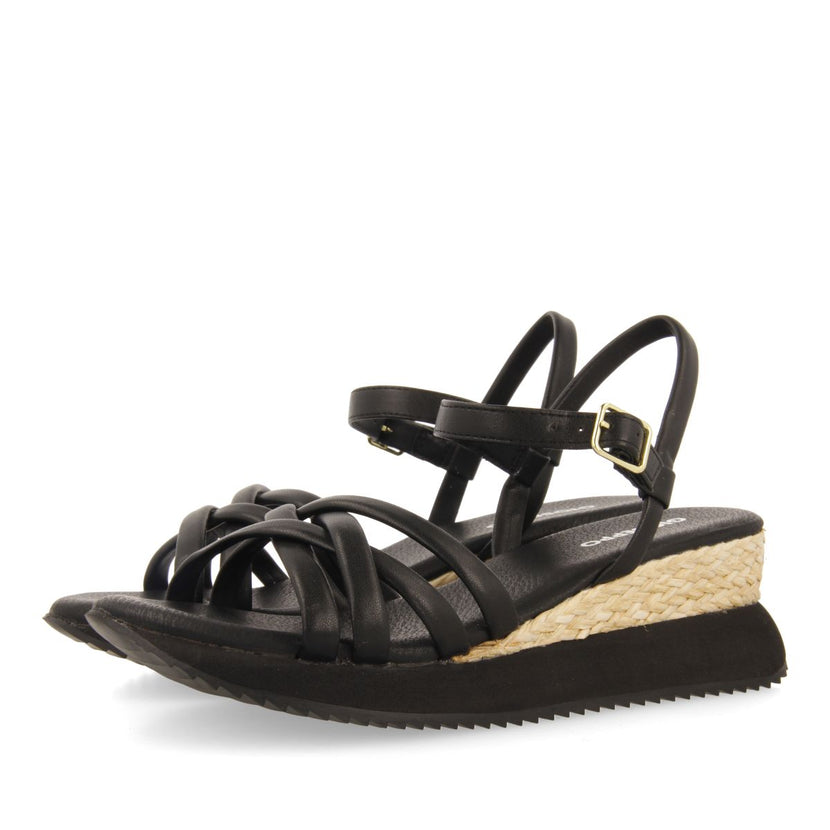 SANDALIAS NEGRAS CON CUÑA Y TIRAS TUBULARES PARA MUJER PERMET