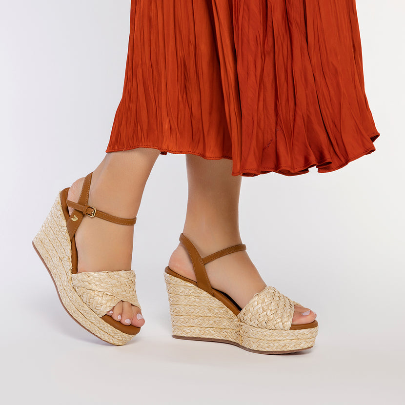 SANDALIAS DE RAFIA COLOR NATURAL CON CUÑA Y PLATAFORMA PARA MUJER ALLKAJ