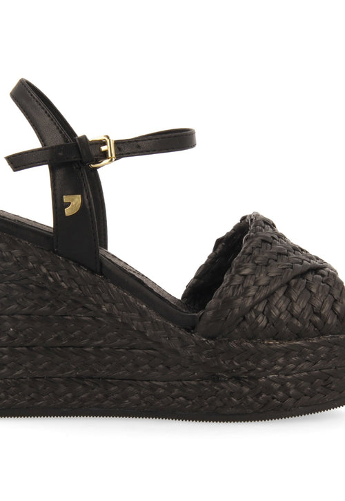 SANDALES EN RAFIA NOIRE AVEC TALON COMPENSÉ ET PLATEFORME POUR FEMME ALLKAJ