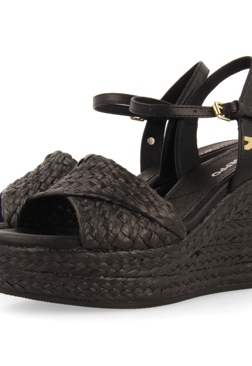 SANDALES EN RAFIA NOIRE AVEC TALON COMPENSÉ ET PLATEFORME POUR FEMME ALLKAJ
