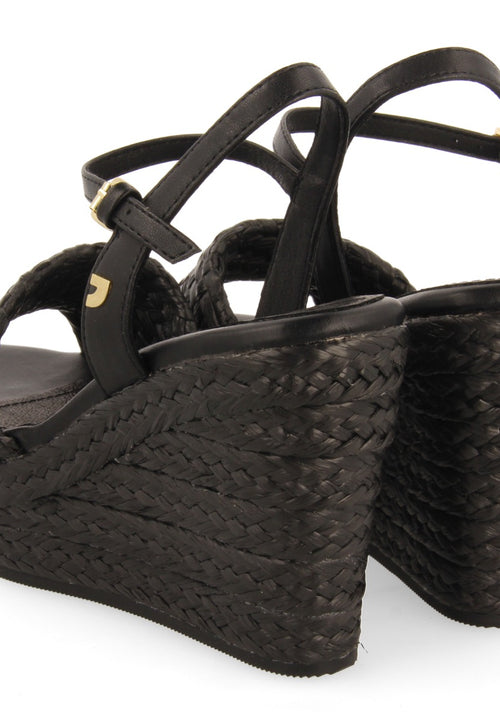 SANDALES EN RAFIA NOIRE AVEC TALON COMPENSÉ ET PLATEFORME POUR FEMME ALLKAJ