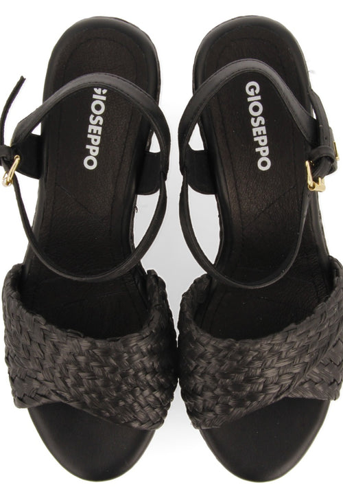 SANDALES EN RAFIA NOIRE AVEC TALON COMPENSÉ ET PLATEFORME POUR FEMME ALLKAJ