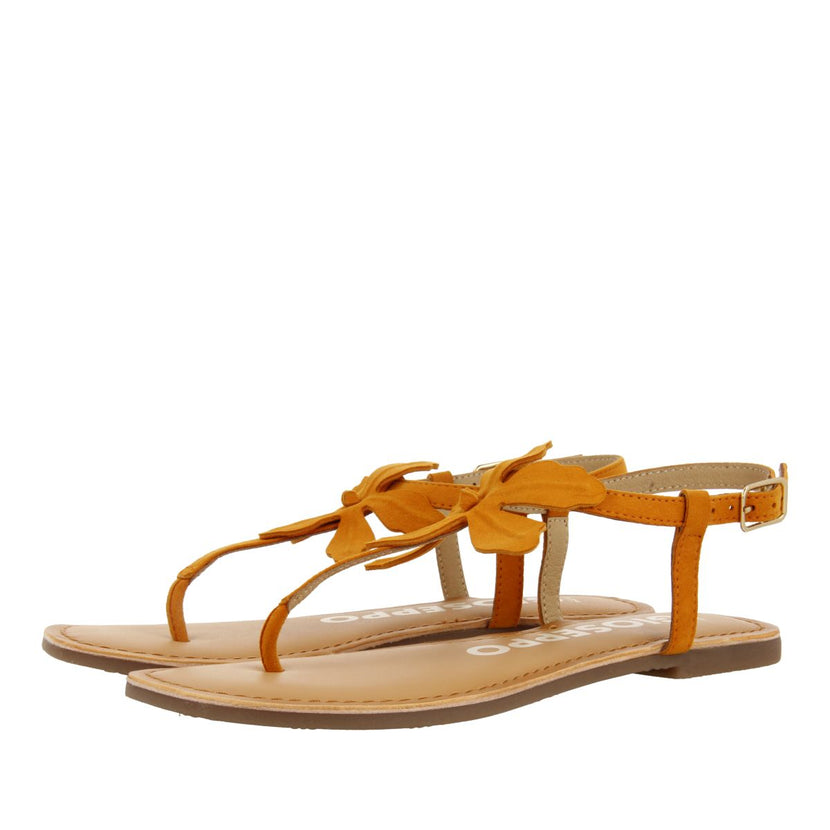 SANDALIAS NARANJAS DE PIEL CON ADORNO DE FLOR PARA MUJER VELCAN