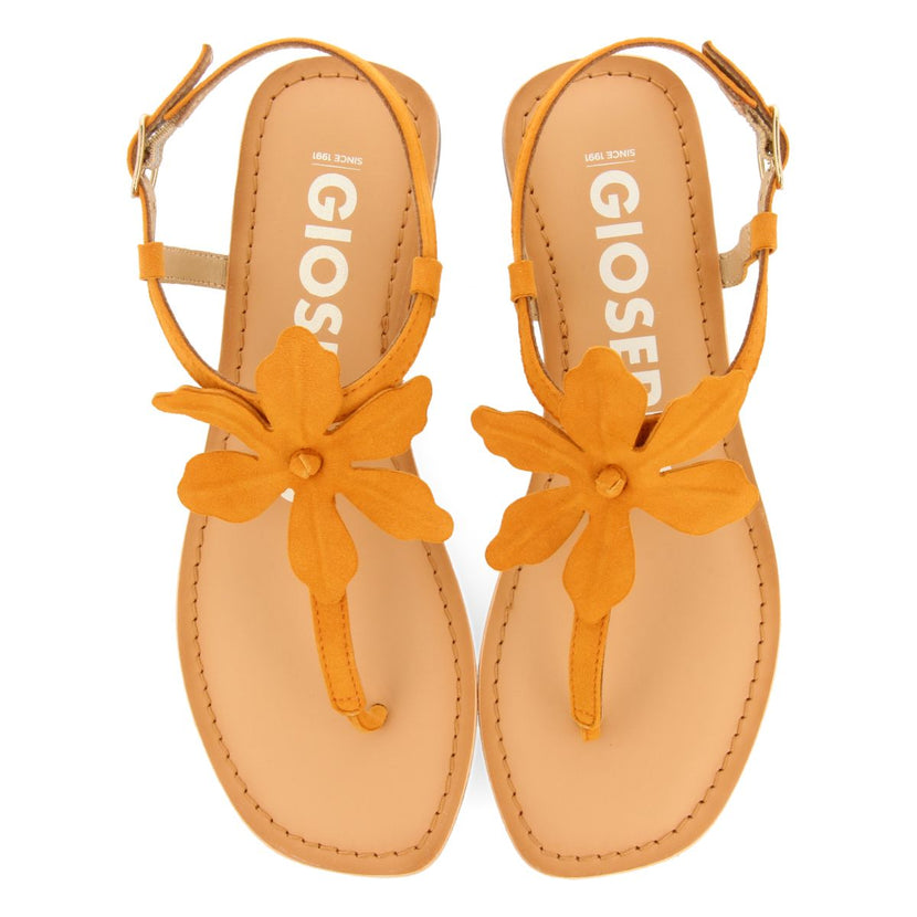 SANDALIAS NARANJAS DE PIEL CON ADORNO DE FLOR PARA MUJER VELCAN