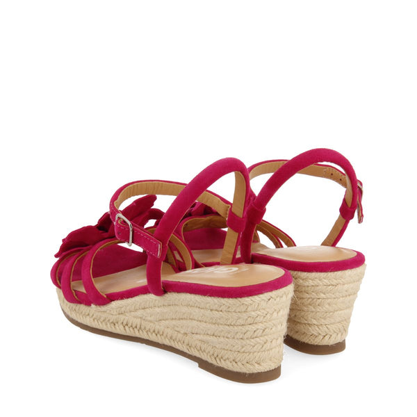 SANDALES EN CUIR DE COULEUR FUCHSIA AVEC ORNEMENT DE FLEUR ET TALON COMPENSÉ EN JUTE POUR FEMME SAMSULA