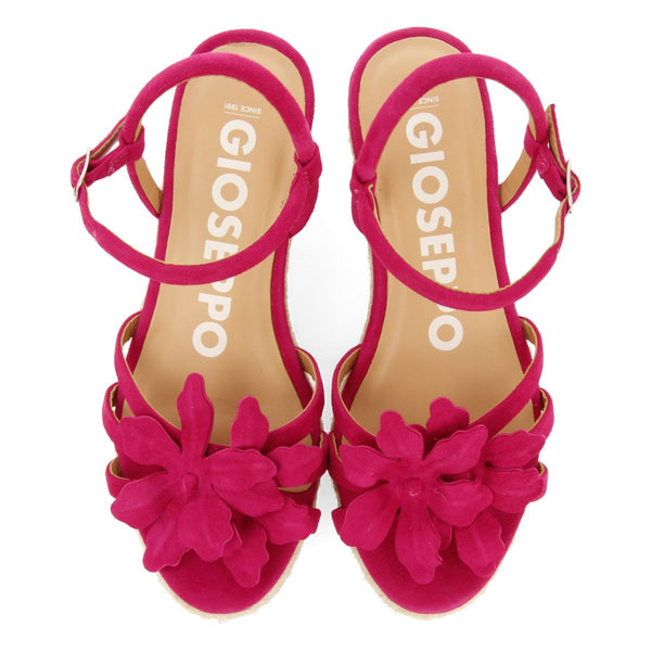 SANDALES EN CUIR DE COULEUR FUCHSIA AVEC ORNEMENT DE FLEUR ET TALON COMPENSÉ EN JUTE POUR FEMME SAMSULA