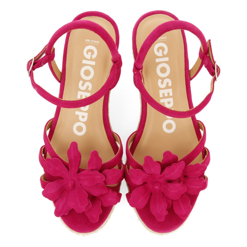 SANDALES EN CUIR DE COULEUR FUCHSIA AVEC ORNEMENT DE FLEUR ET TALON COMPENSÉ EN JUTE POUR FEMME SAMSULA
