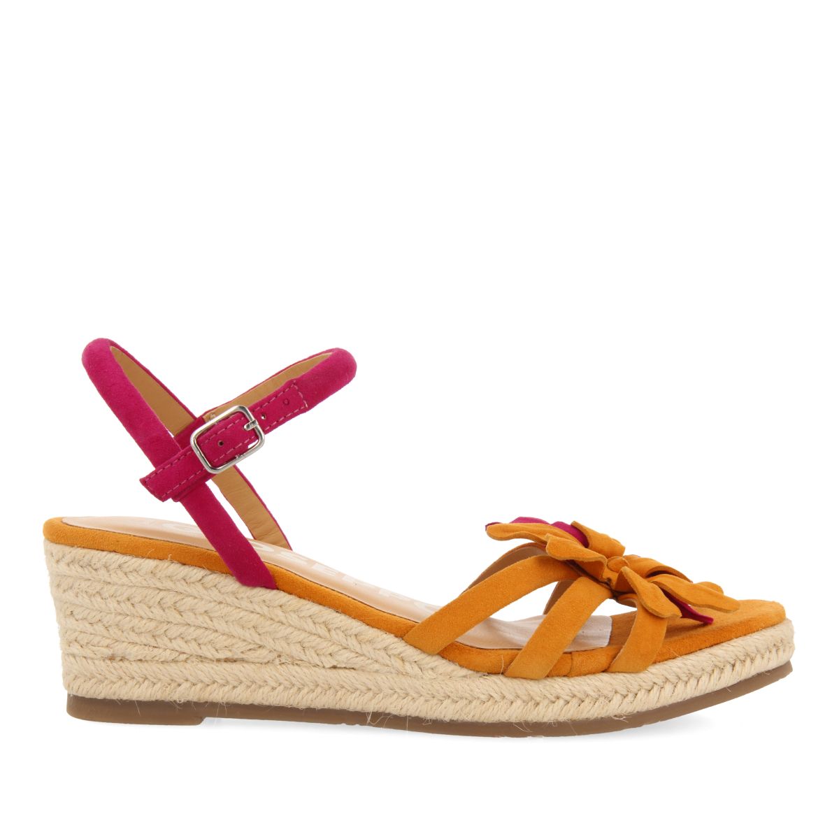 LEATHER SANDALS IN FUCHSIA AND ORANGE COLOR WITH FLOWER EMBELLISHMENT AND JUTE WEDGE FOR WOMEN SAMSULA