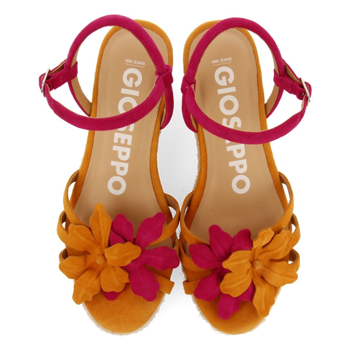 LEATHER SANDALS IN FUCHSIA AND ORANGE COLOR WITH FLOWER EMBELLISHMENT AND JUTE WEDGE FOR WOMEN SAMSULA