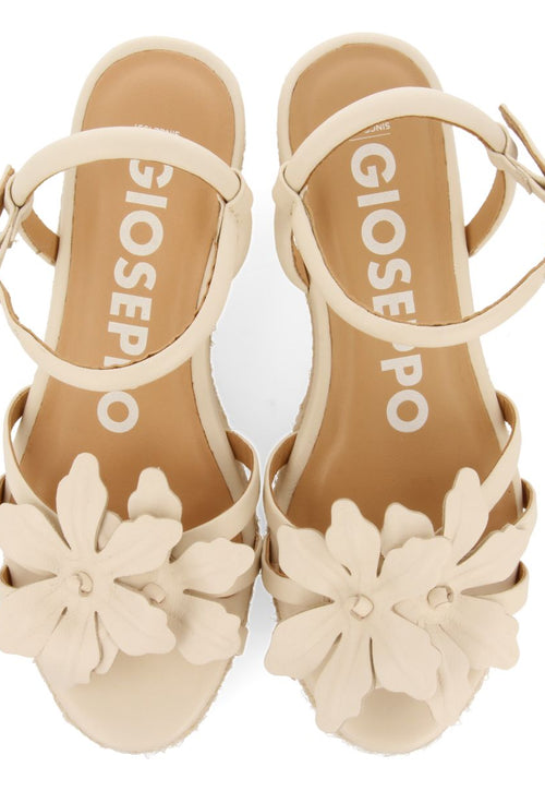 SANDALIAS DE PIEL COLOR OFF-WHITE CON ADORNO DE FLOR Y CUÑA DE YUTE PARA MUJER SAMSULA
