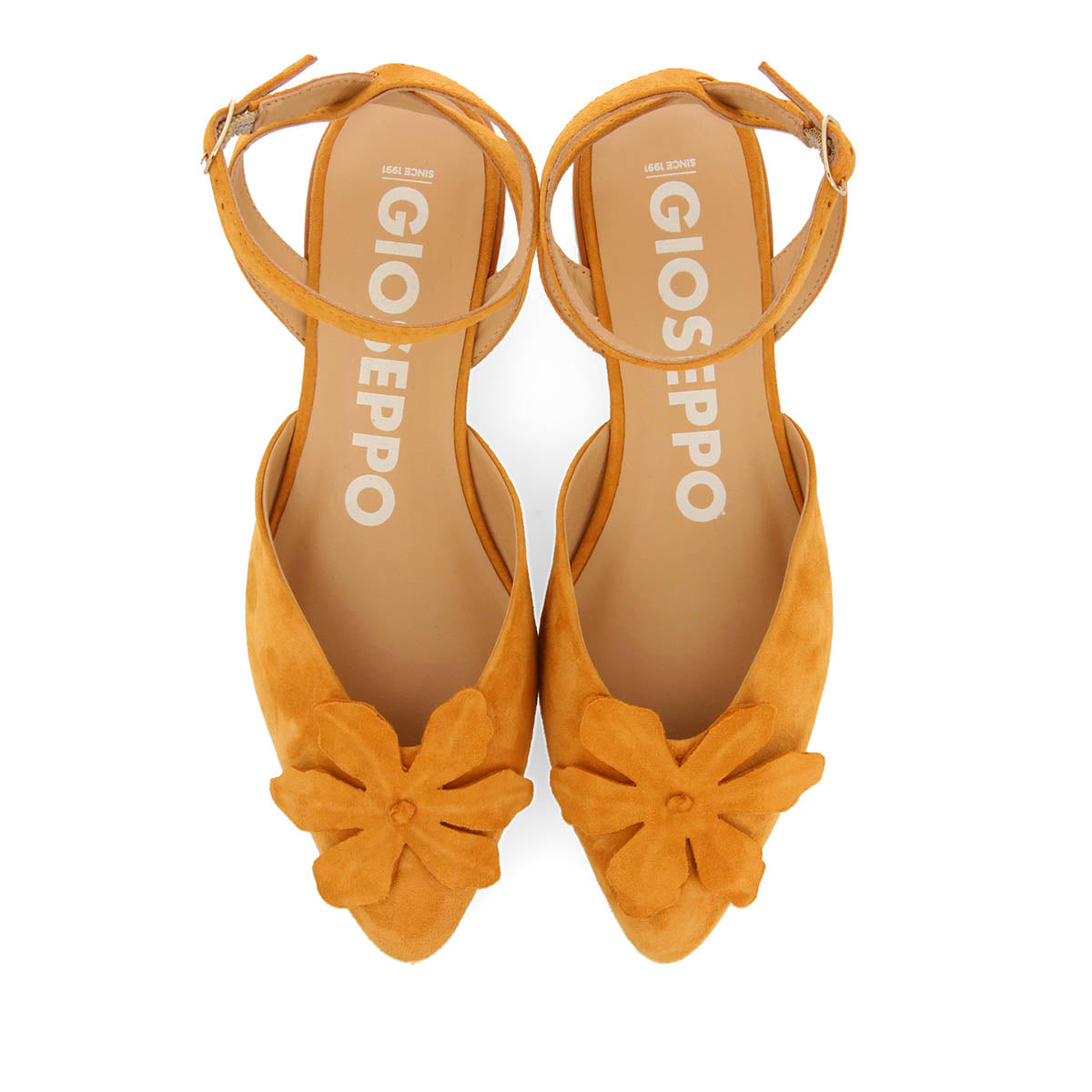 BAILARINAS DE PIEL NARANJA DESTALONADAS CON DETALLE DE FLOR PARA MUJER HOWEY