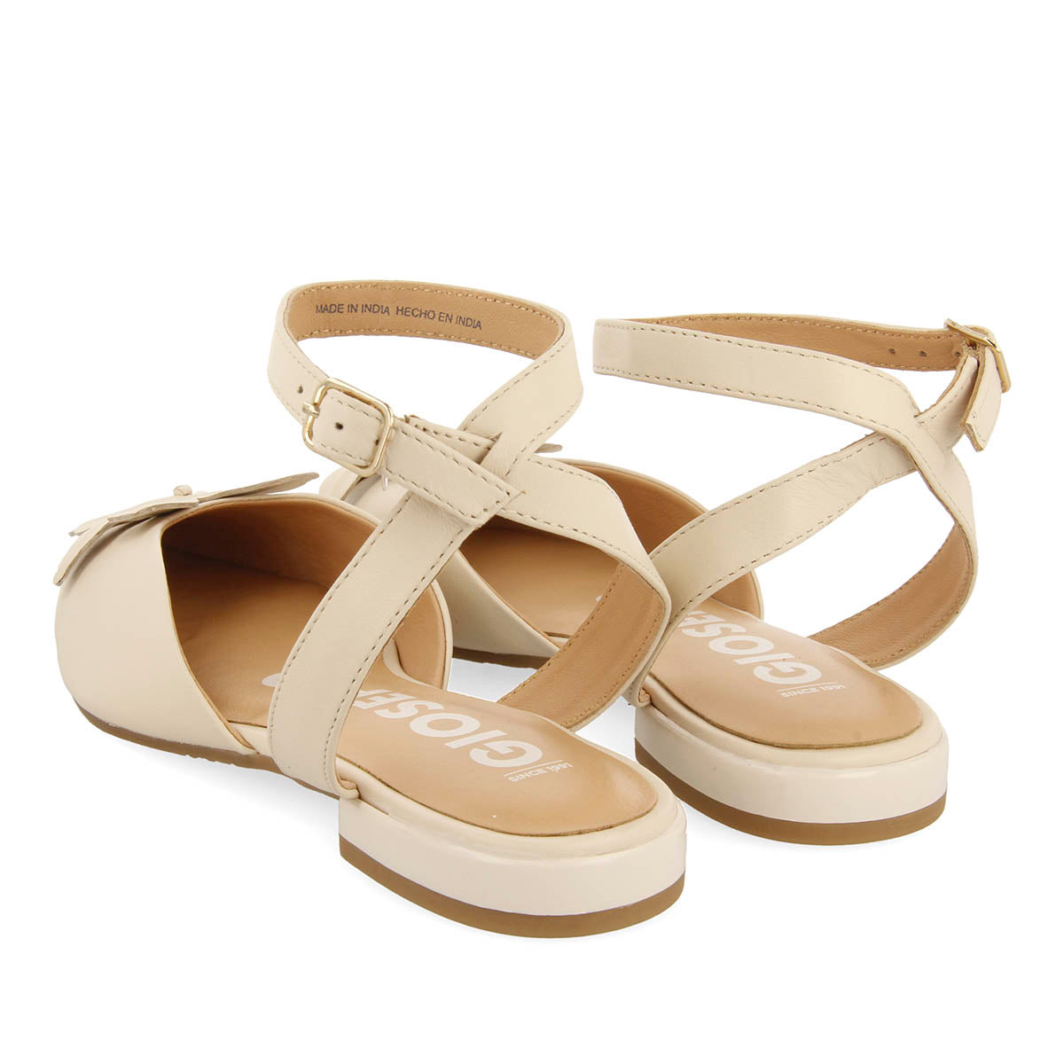 BAILARINAS DE PIEL OFF-WHITE DESTALONADAS CON DETALLE DE FLOR PARA MUJER HOWEY