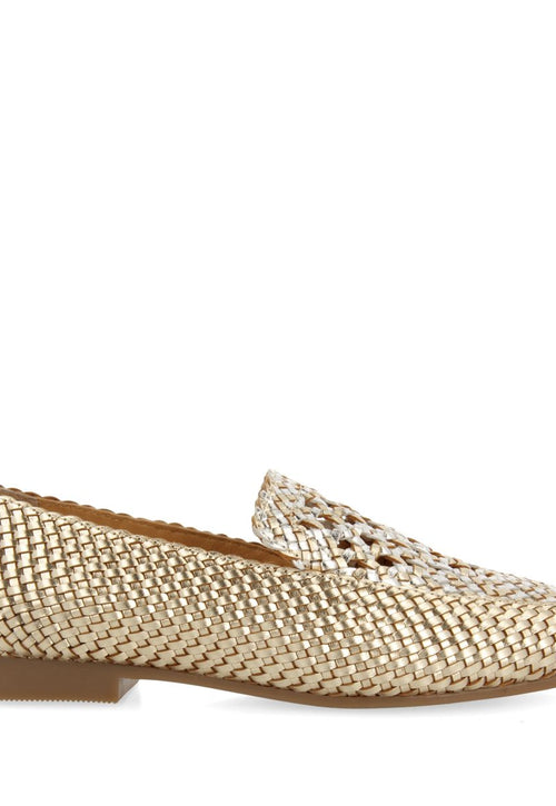 MOCASINES DE PIEL TRENZADA COLOR PLATINO CON DETALLE BICOLOR PARA MUJER RADDUSA