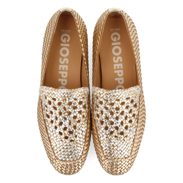 MOCASINES DE PIEL TRENZADA COLOR PLATINO CON DETALLE BICOLOR PARA MUJER RADDUSA