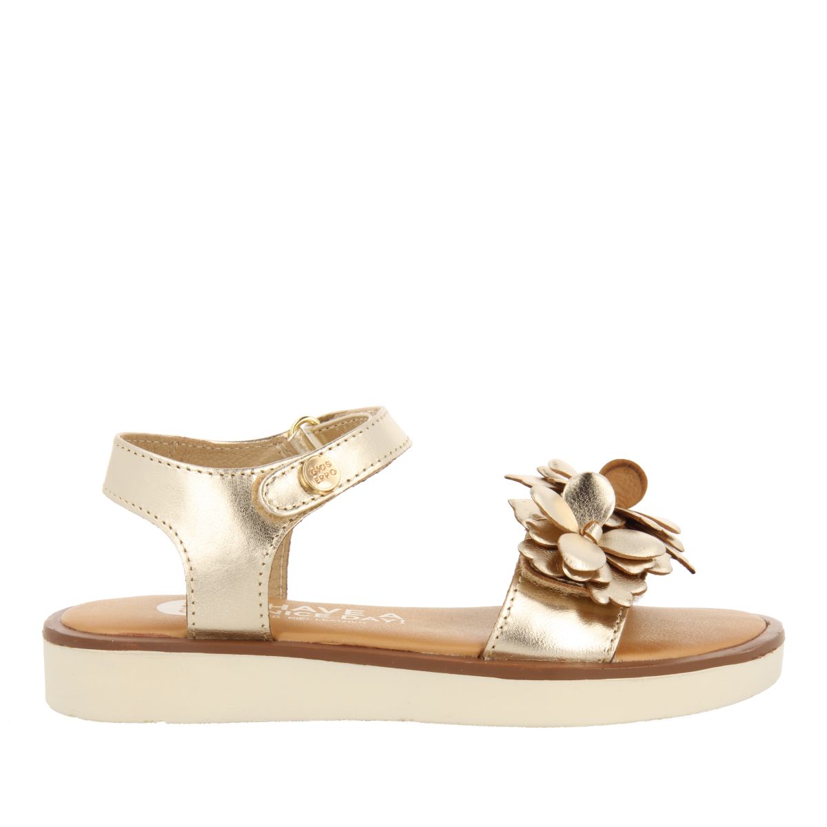 SANDALIAS DORADAS DE PIEL CON ADORNO DE FLORES PARA NIÑA Y NIÑO NEHALEM