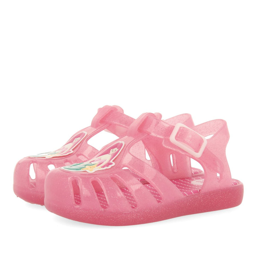 CANGREJERAS COLOR FUCSIA CON GLITTER Y PARCHE DE SIRENA PARA BEBÉ NEWBERG